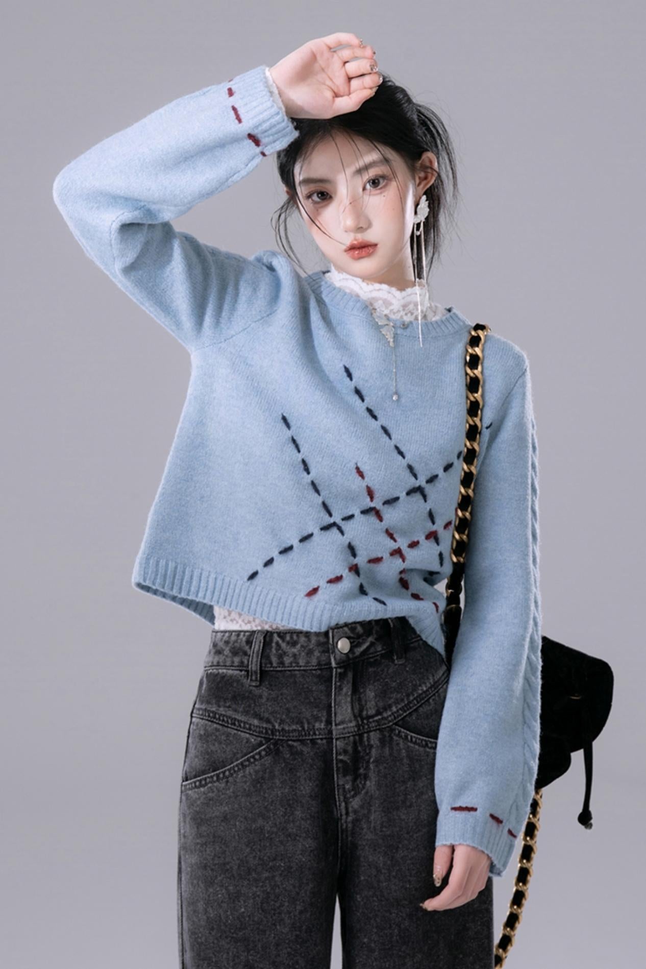 Sky Blue Contrasting Hand-Stitched Jumper Top