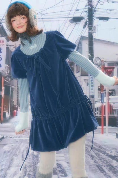 Deep Blue Velvet Bow Dress