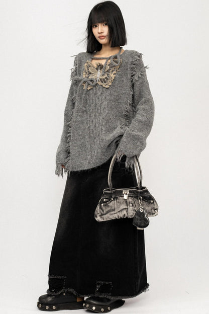 Fringe Lace-Up Butterfly Sweater
