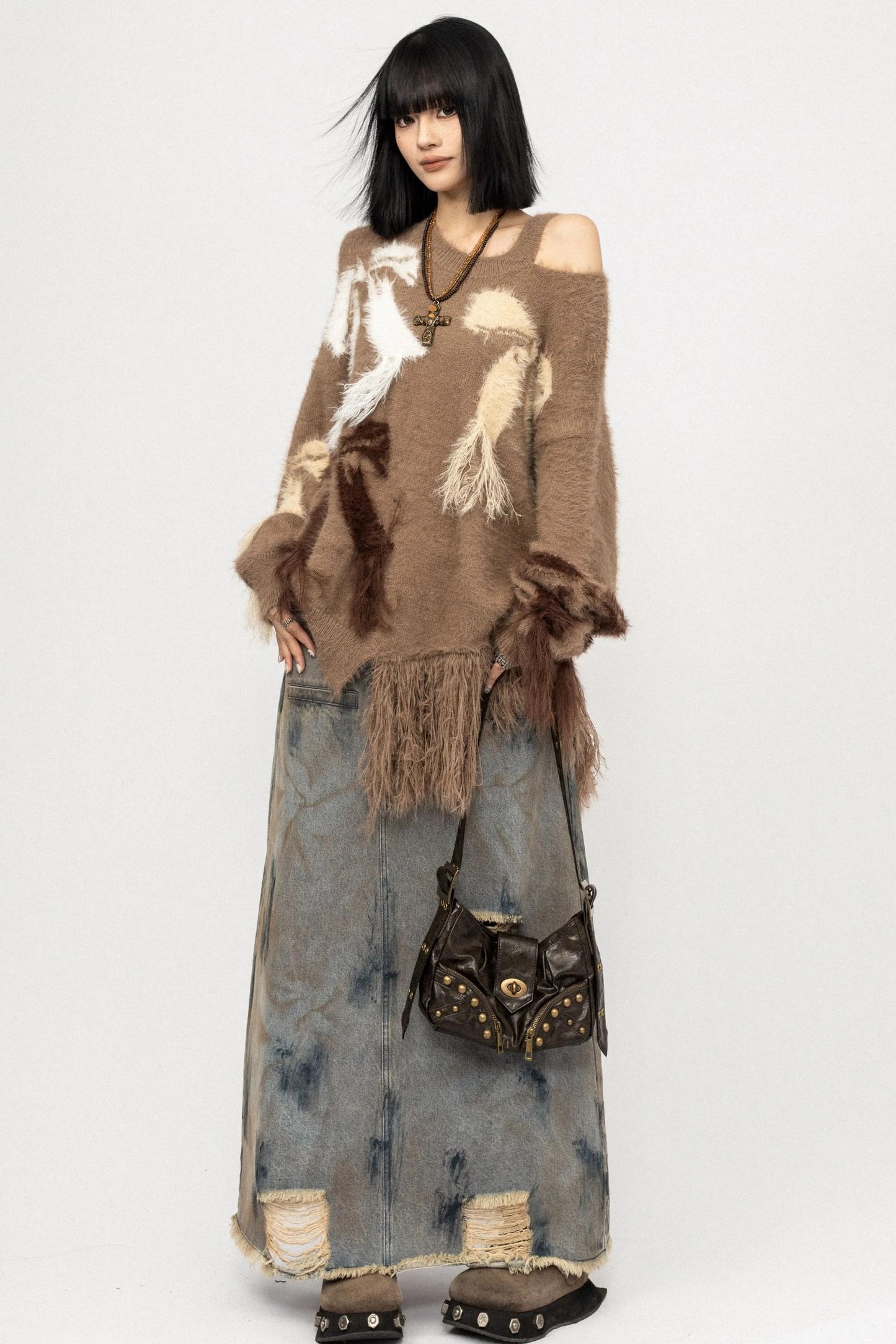 Off-The-Shoulder Fringed Knit Top