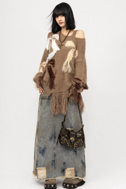 Off-The-Shoulder Fringed Knit Top