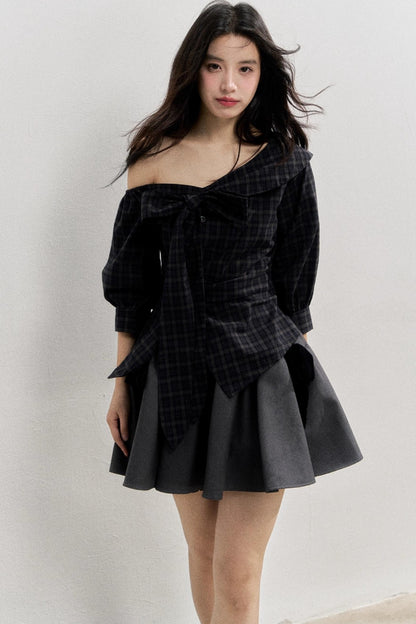 Plaid Bow One-Shoulder Waist Shirt