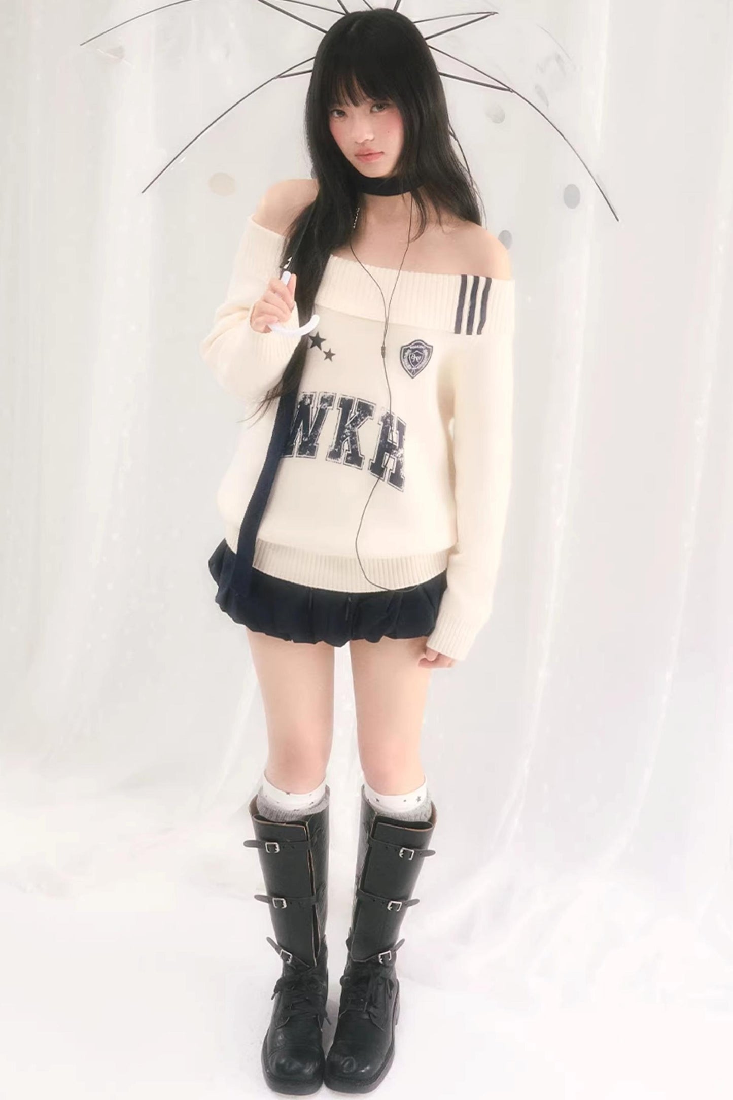 Letter Knit One-Shoulder Sweater