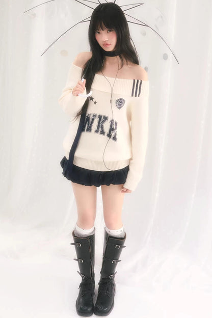 Letter Knit One-Shoulder Sweater