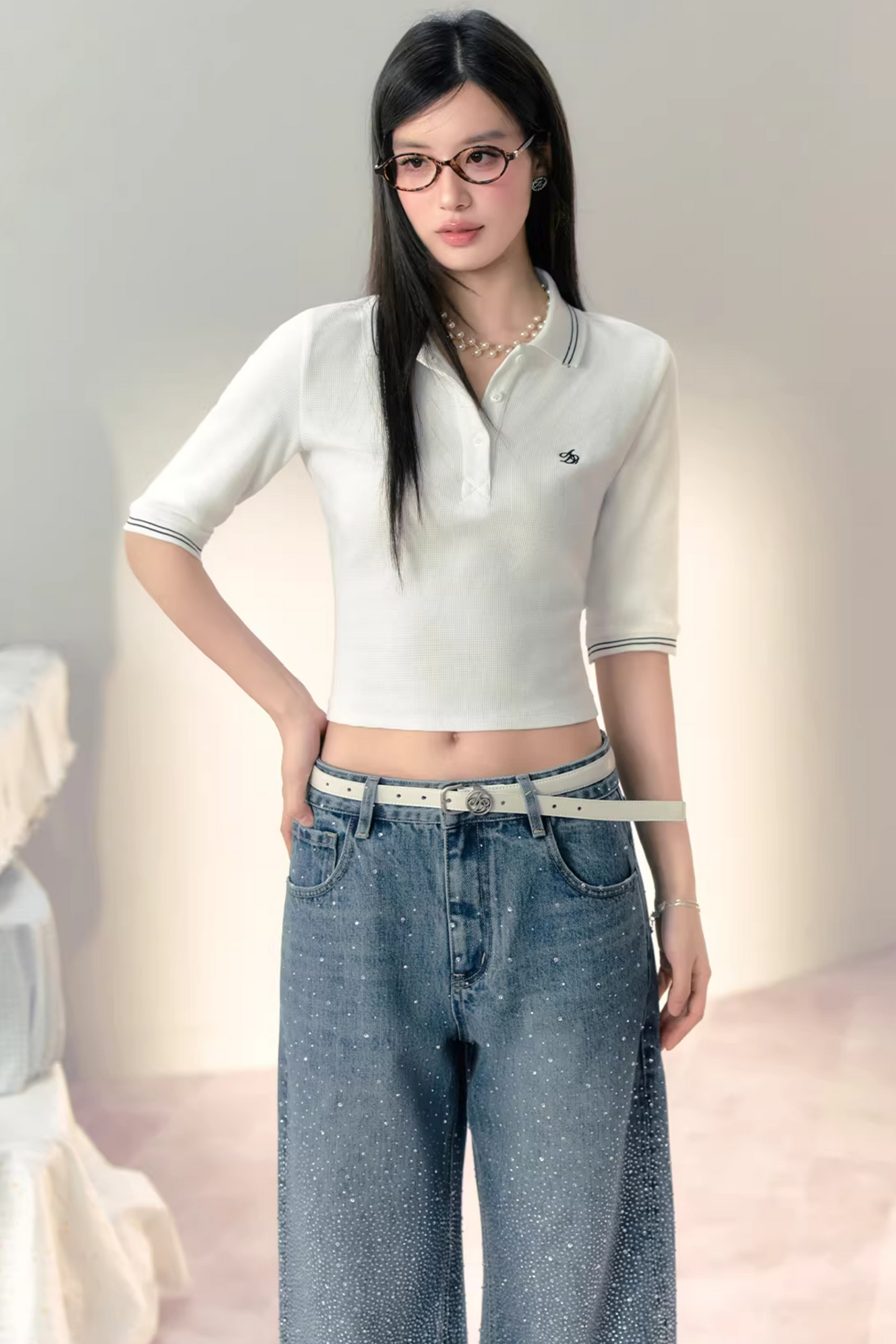 Three-Dimensional Waffle Knit Polo Top