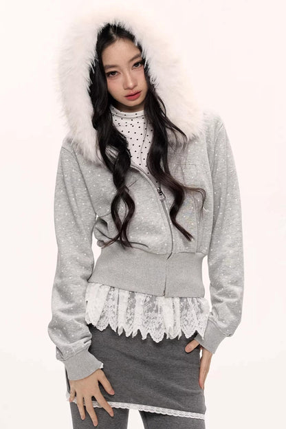 White Fur Collar Polka Dot Jacket