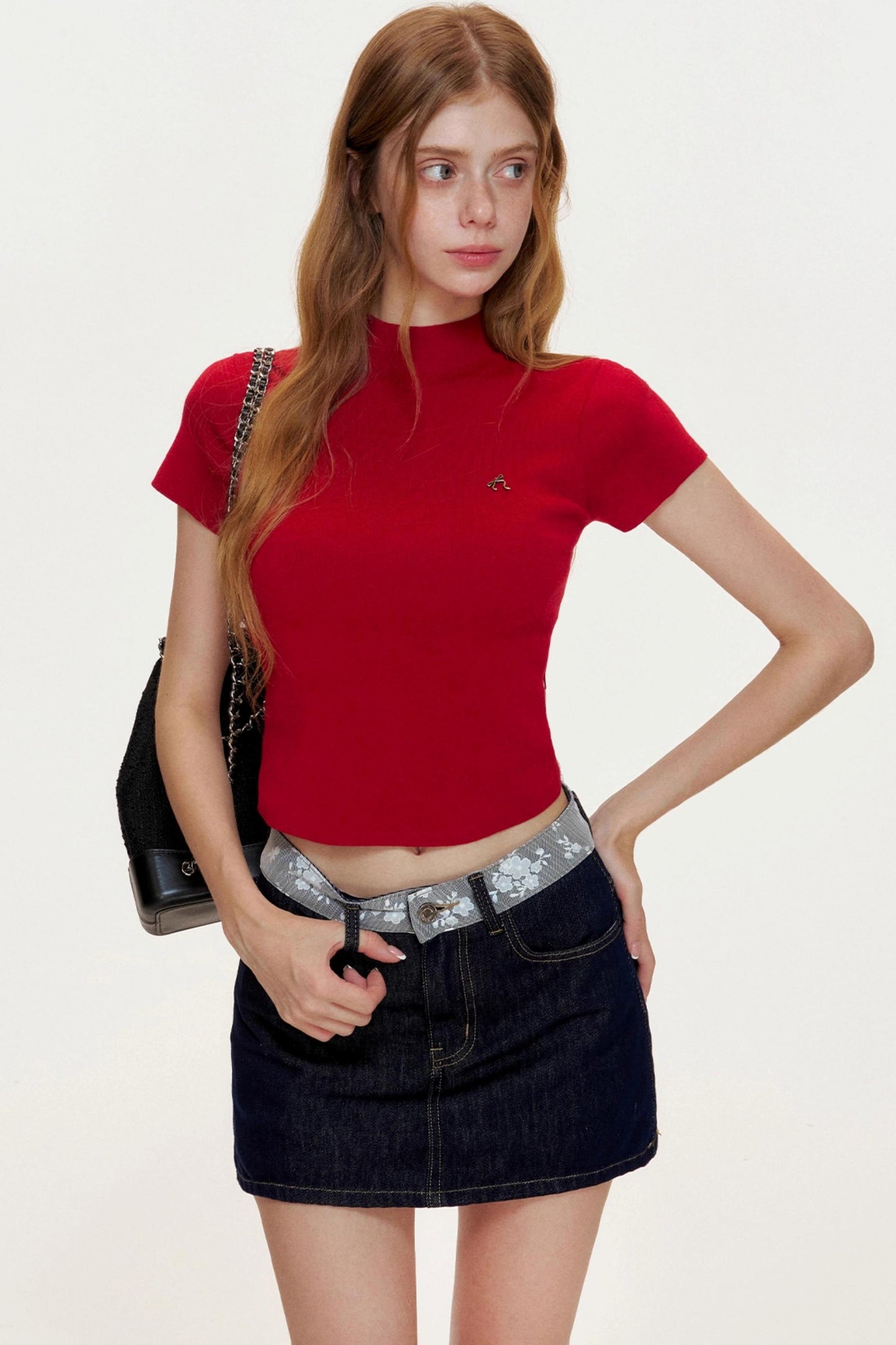 French Lace-panel A-line Denim Skirt