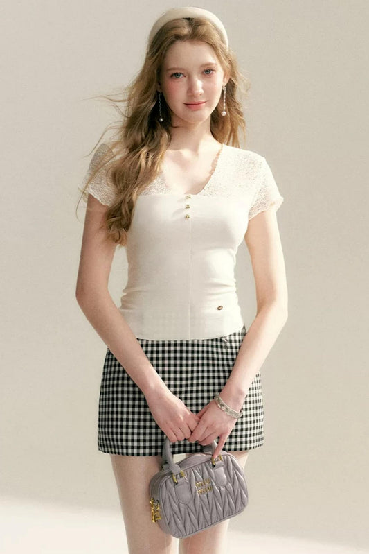 Lace-Panel V-Neck T-Shirt