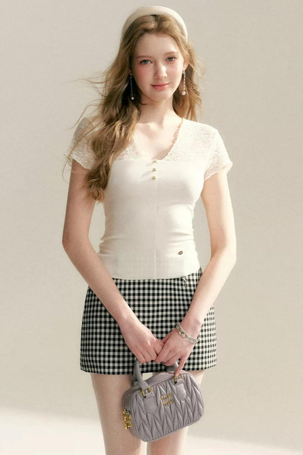 Lace-Panel V-Neck T-Shirt