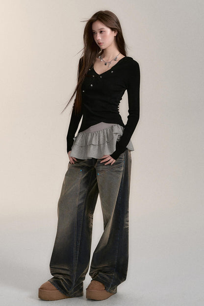 Washed Velvet Distressed Straight-Leg Jeans