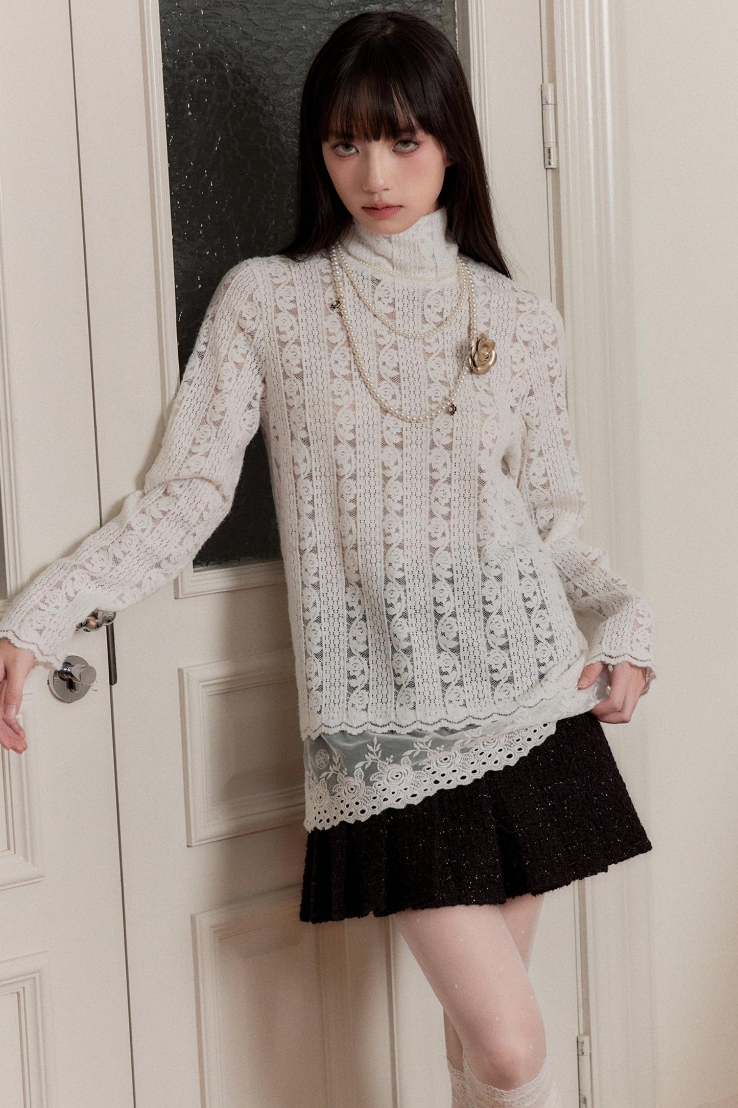 [10 31new] fragile shop white moonlight encounter knitted lace autumn and winter underwear base layer top