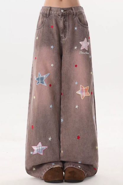 Star-Patterned Vintage Denim Pants