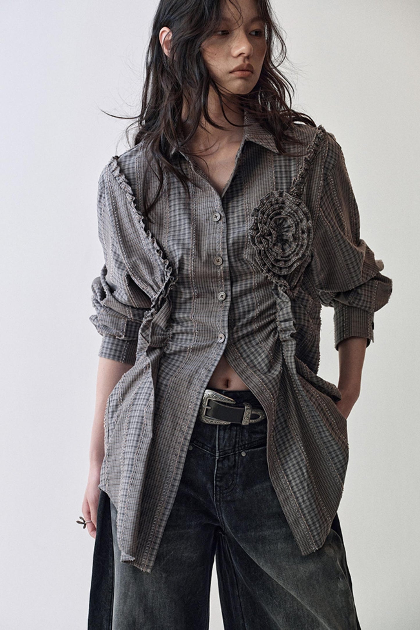 Gothic Plaid Flower Shirt & Skirt Set-Up