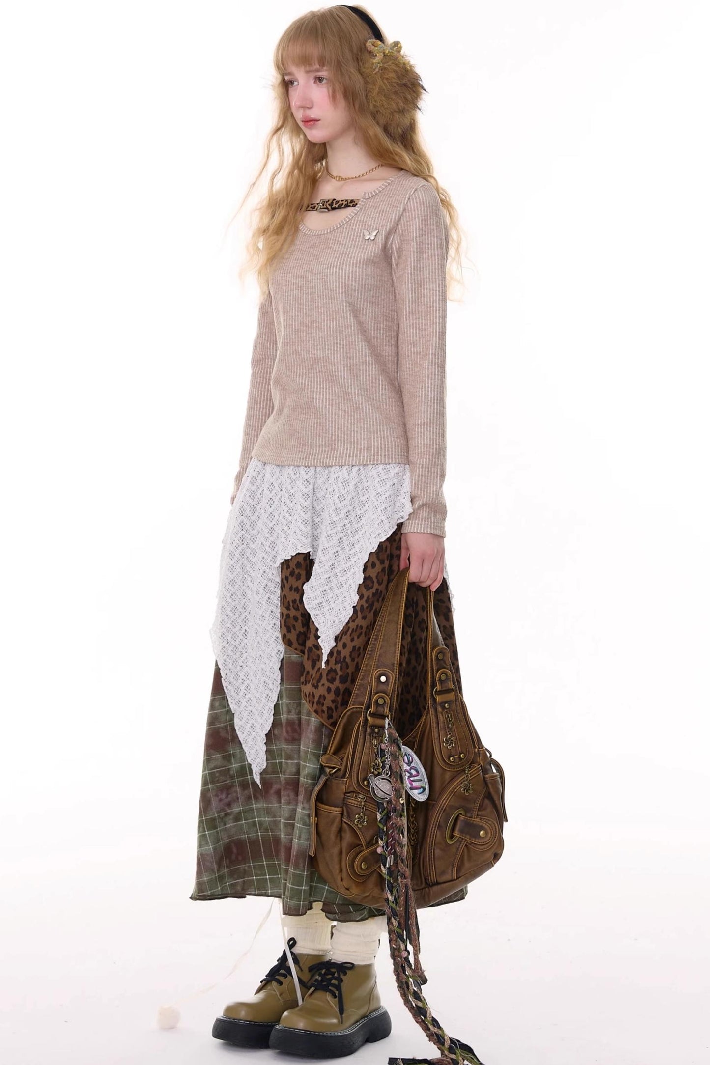 High Waist Irregular Plaid Leopard Print Midi Skirt