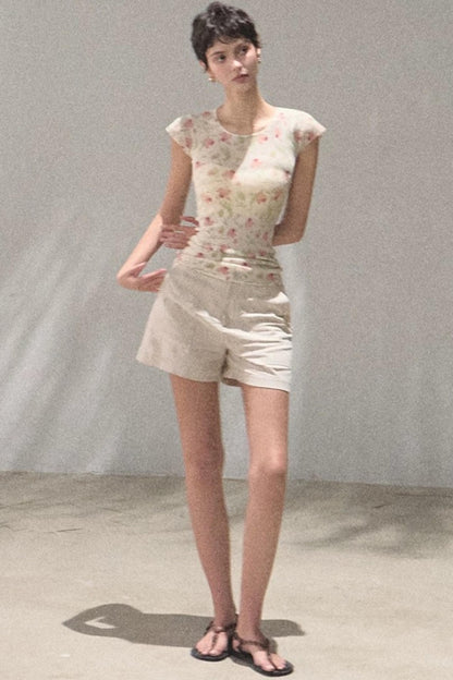 Linen Floral Cinched Top