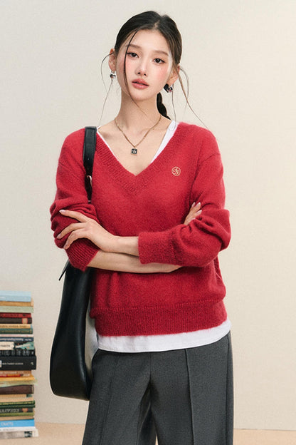 Autumn V-Neck Solid Color Sweater