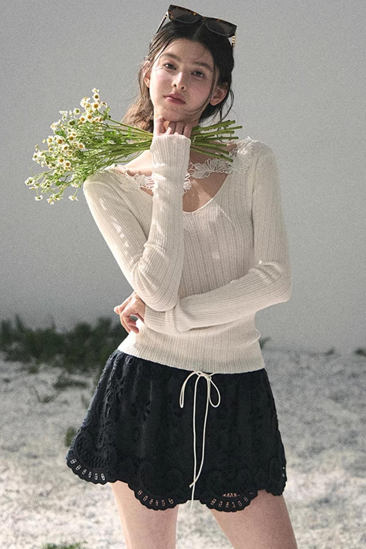 Lace-Trimmed Knitted Top