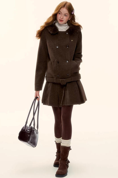 Retro Coffee Woolen Coat Set-Up