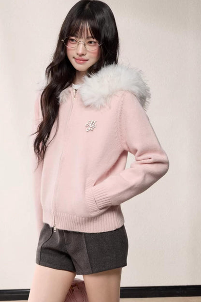 Fur Collar Hooded Knit Cardigan