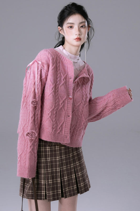 COTRE Freud's Romantic Rose Pink dreidimensional gehäkelte Wollstrickjacke mit Blumenmuster