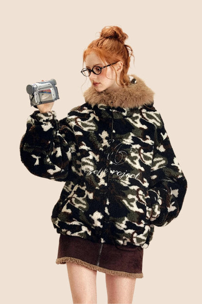 EZEK AMERICAN RETRO PELZKRAGEN KAPUZENMANTEL CAMOUFLAGE LAMMWOLLE MANTEL DAMEN FLEECE VERDICKT HERBST UND WINTER NEUE BAUMWOLLE KLEIDUNG FLUT