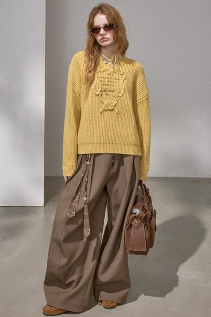 Ribbon Embroidery Crew Neck Sweater