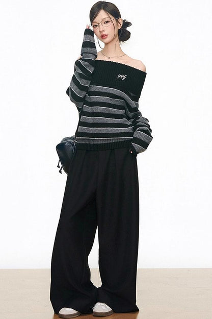 Lazy Striped One-Shoulder Sweater & Wide-Leg Pants Set-Up