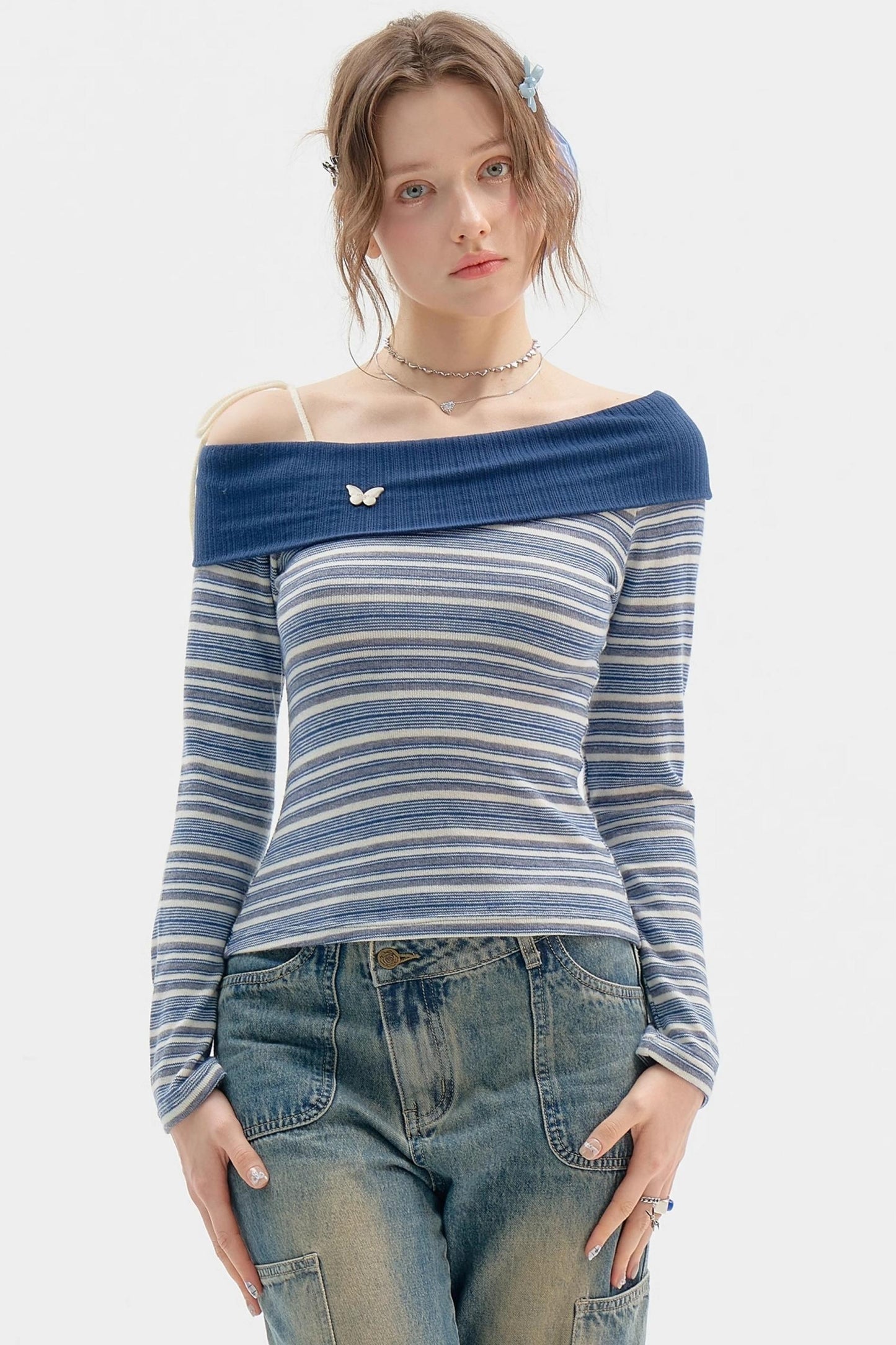 Dark Blue Stripe One-Shoulder Shirt
