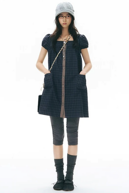 Plaid Puff Sleeve Babydoll Dress