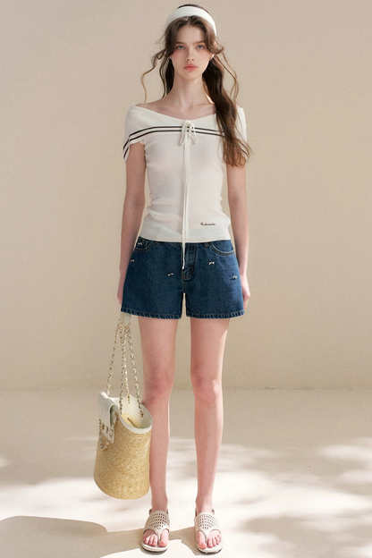 Soft Cotton Bowknot Denim Shorts