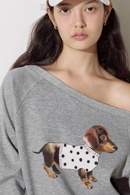 Puppy Print Slanted Shoulder T-shirt