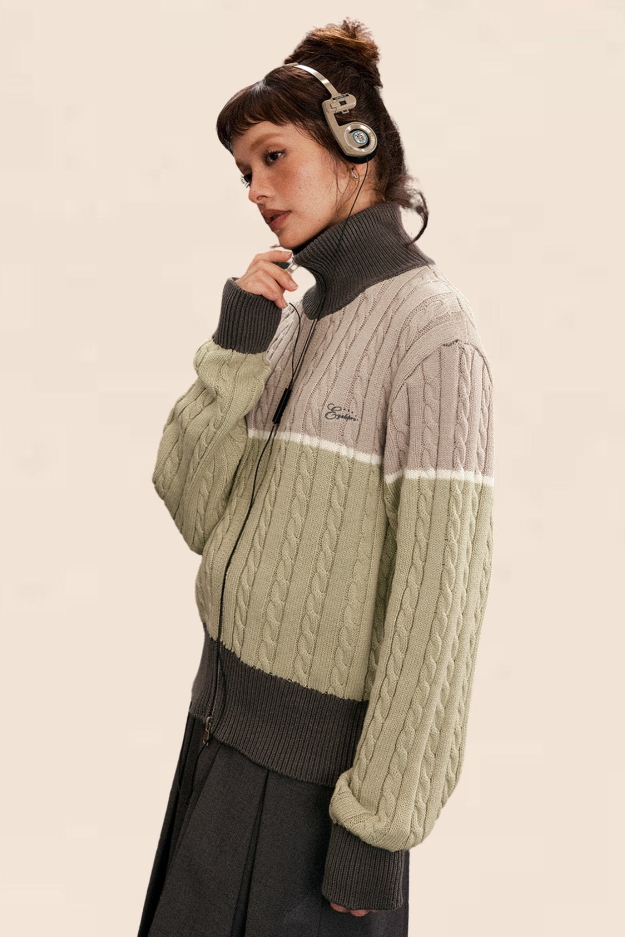 Retro Twist Turtleneck Knitted Cardigan