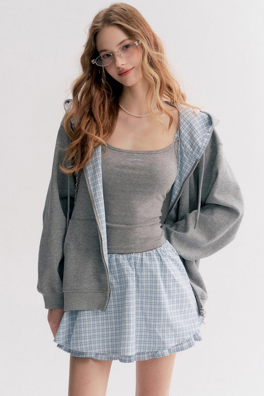 Casual Plaid Hooded Sweatshirt Suspender Skirt Set-Up
