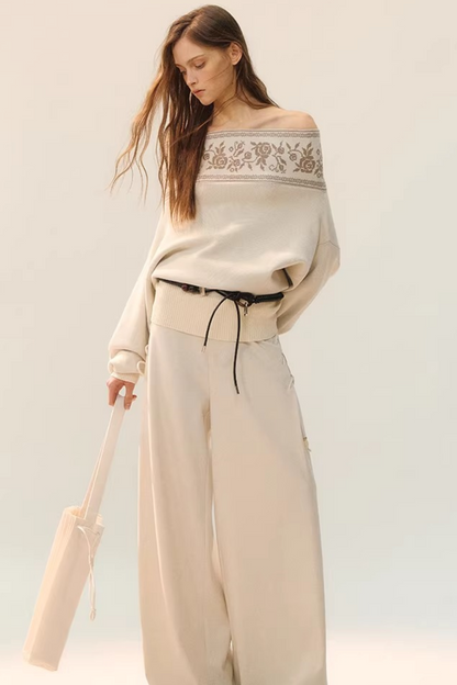 플로럴 오프숄더 니트 탑