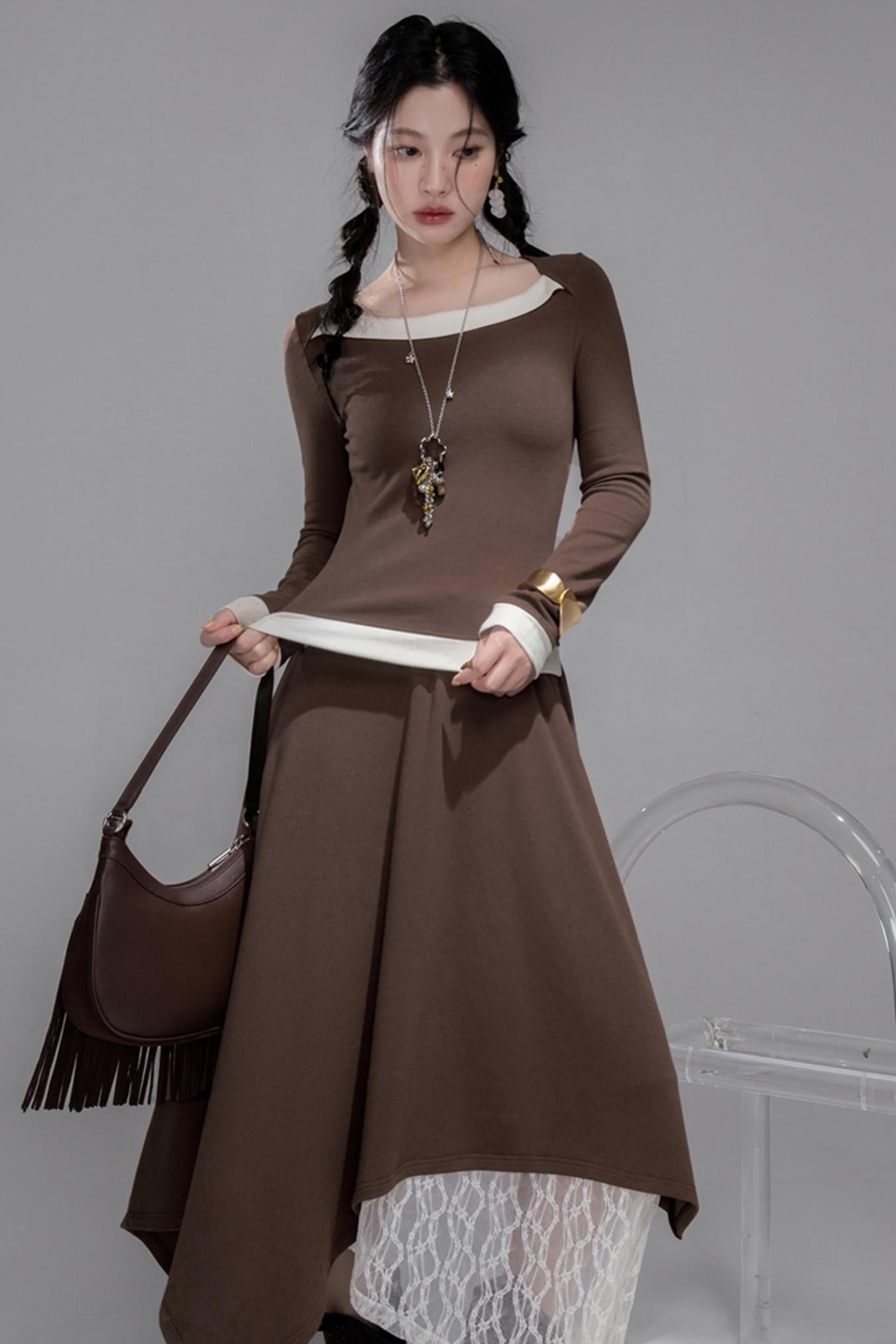 White Milk Coffee Knitted Top & Skirt Set