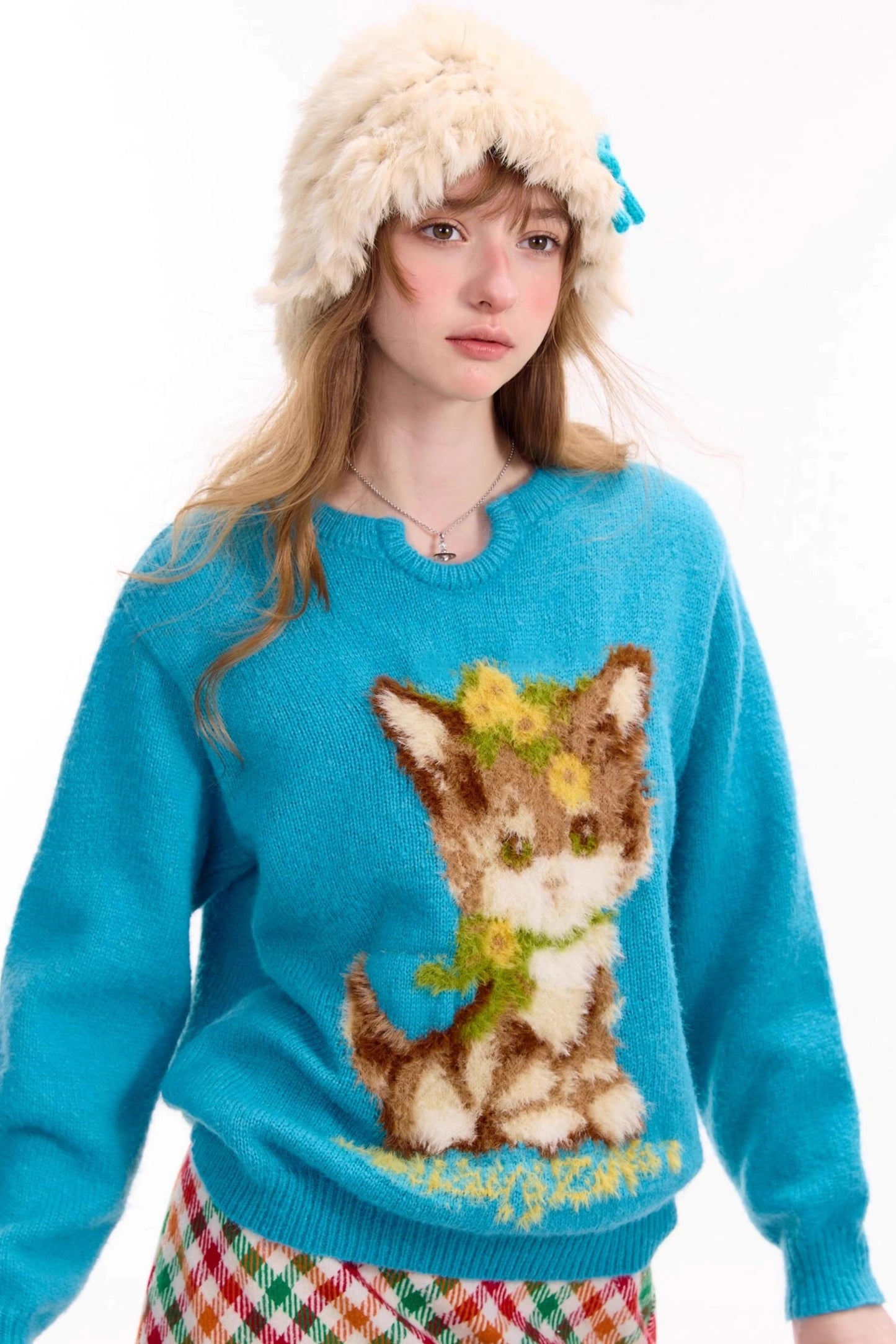 Cat Pattern Blue U Neck Sweater