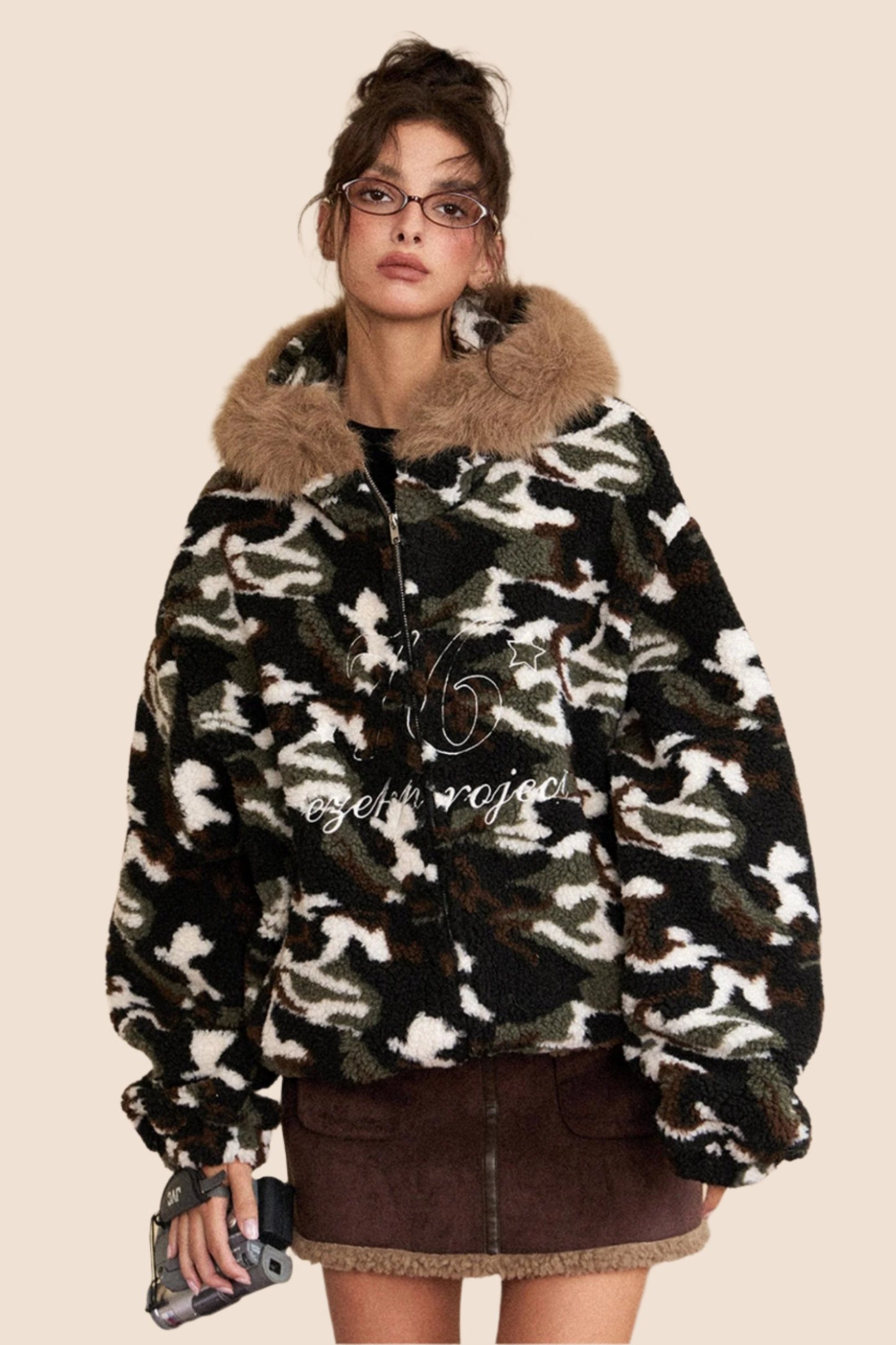 EZEK AMERICAN RETRO FUR COLLAR HOODED CAMOUFLAGE LAMB WOOL COAT WOMEN'S FLEECE THICKENED AUTUMN AND WINTER NEW COTTON CLOTHING TIDE