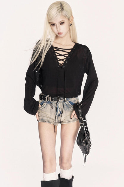 Autumn Lace-Up Knitted Cover-Up Top