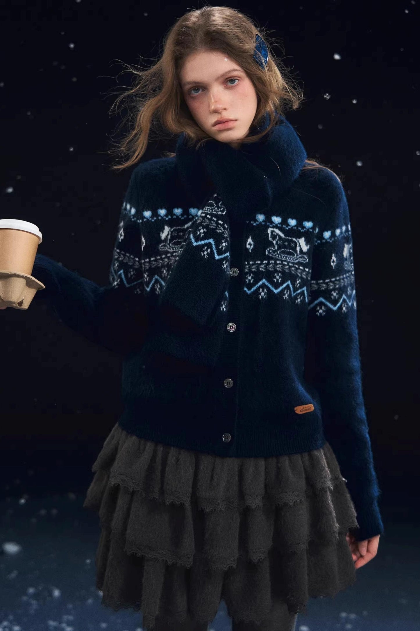 Fair Isle Scarf Cardigan Two-Piece Set