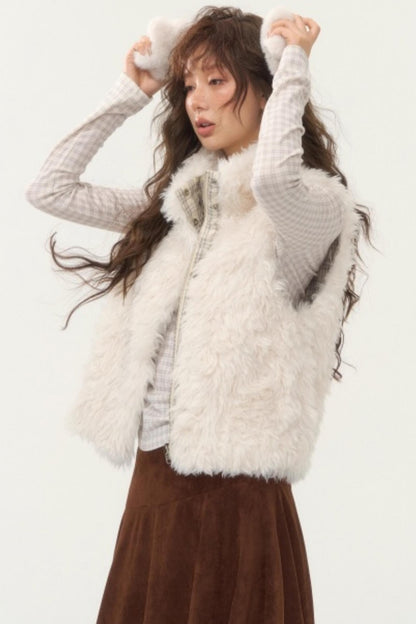 Plaid Patchwork Lamb Wool Reversible Vest