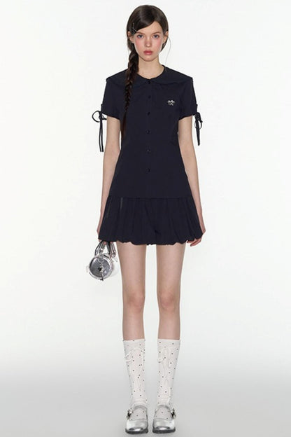 Navy Lace Collar Top & Skirt Set-Up