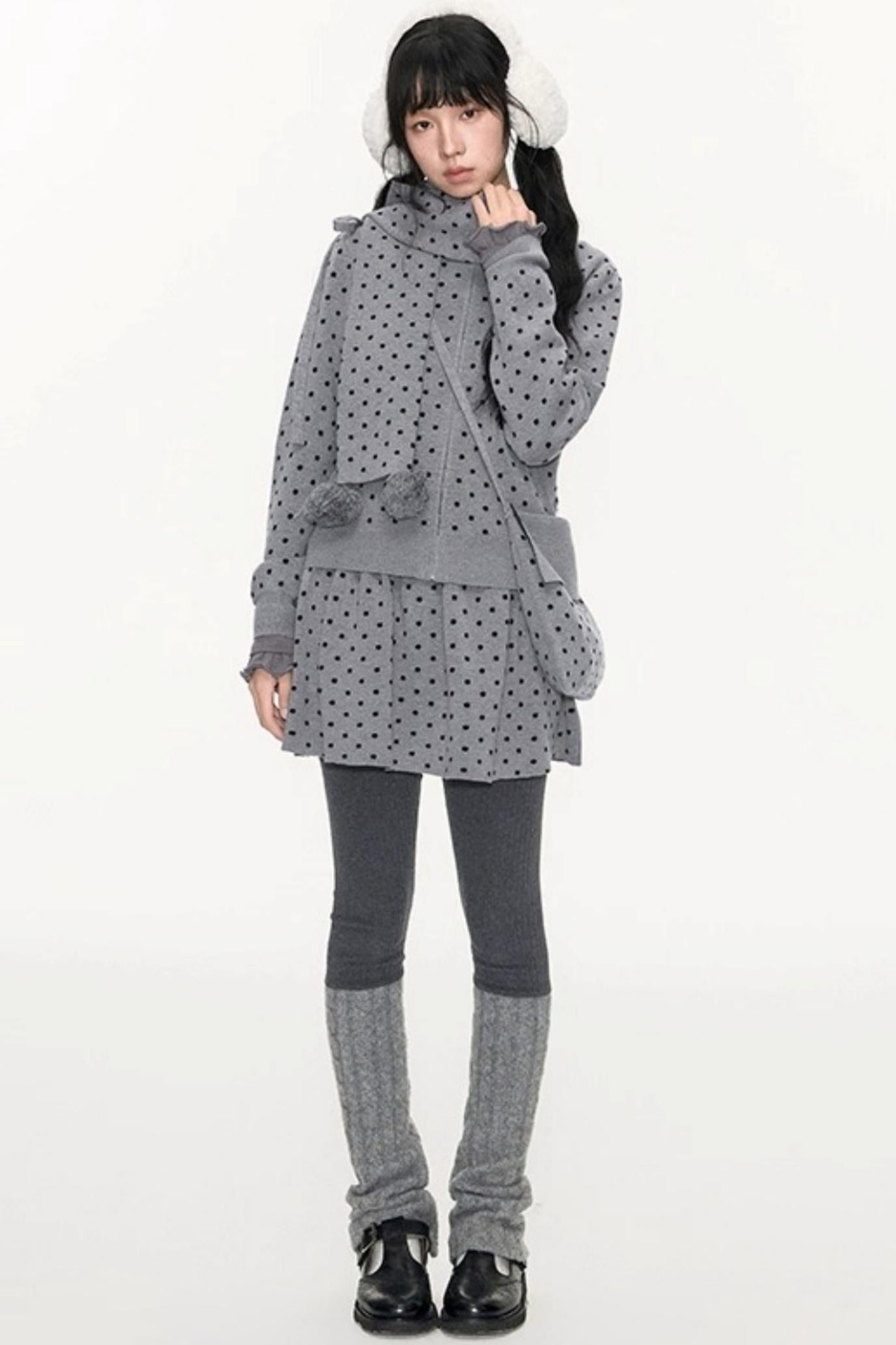 Polka Dot Hooded Knit Sweater Skirt Set-Up
