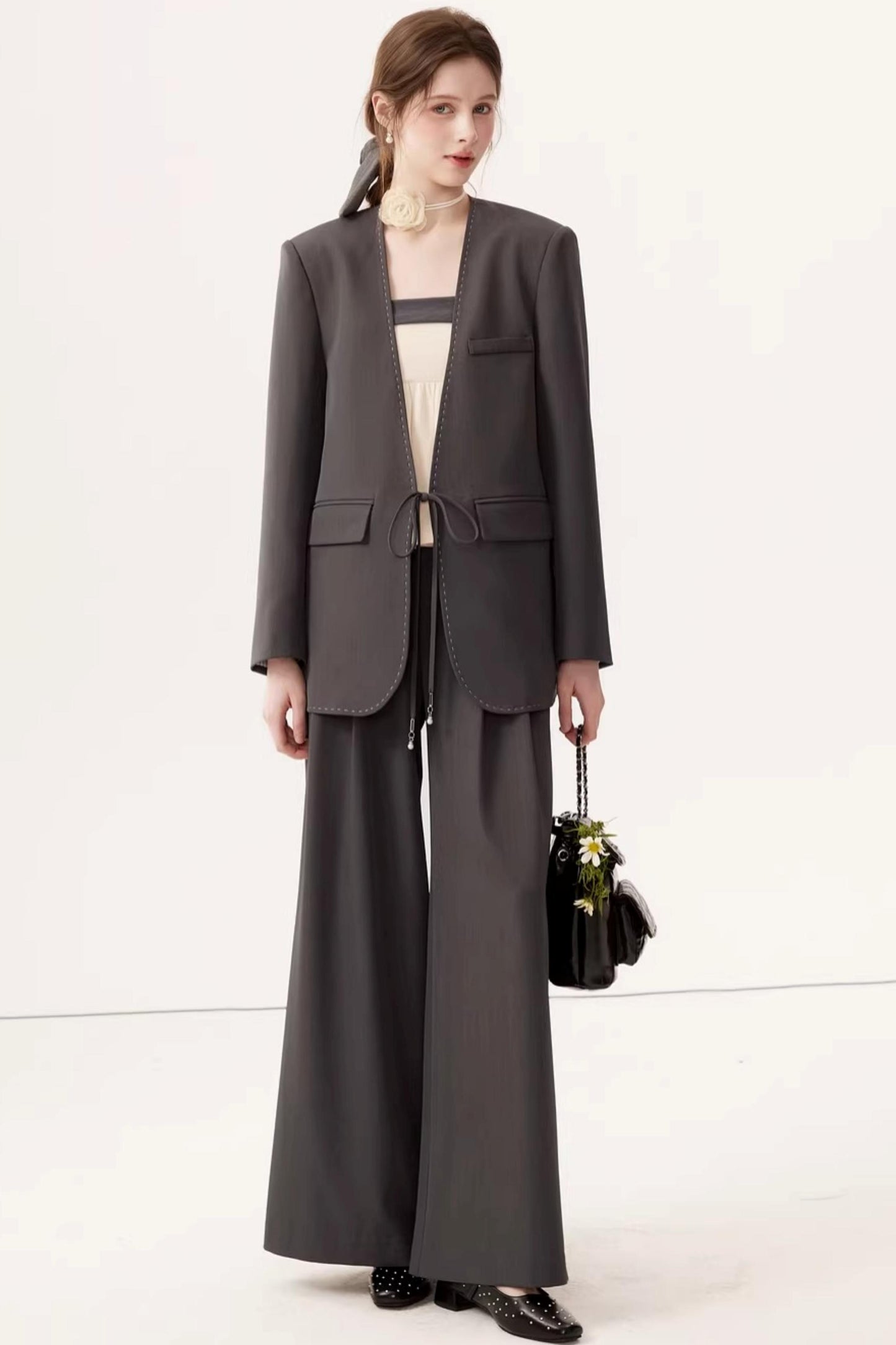 Gray High-Waisted Suit Pants