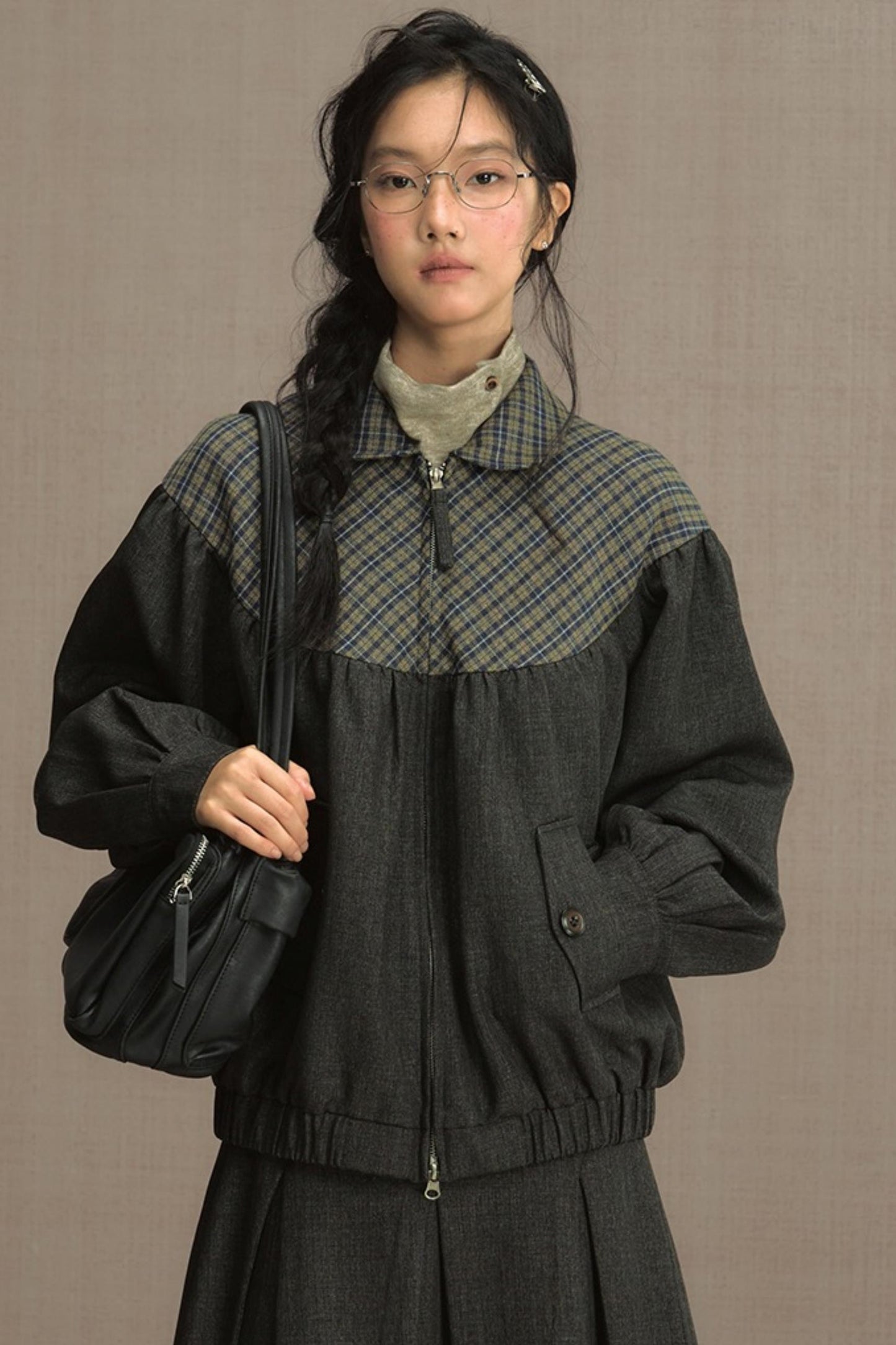 Retro Gray Plaid Cropped Jacket Set-Up