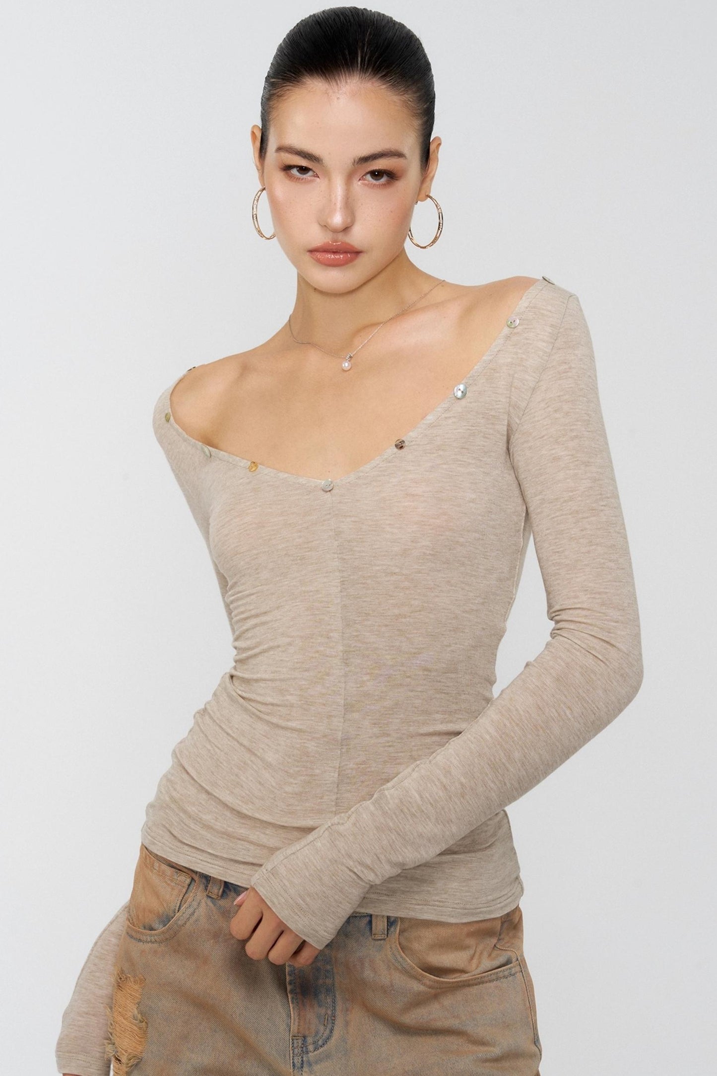 Diamond Khaki V-Neck One-Shoulder Top