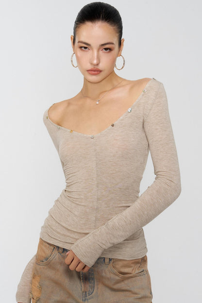 Diamond Khaki V-Neck One-Shoulder Top