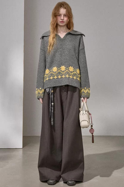 Lace-Up Turn-Down Collar Sweater Matching Set