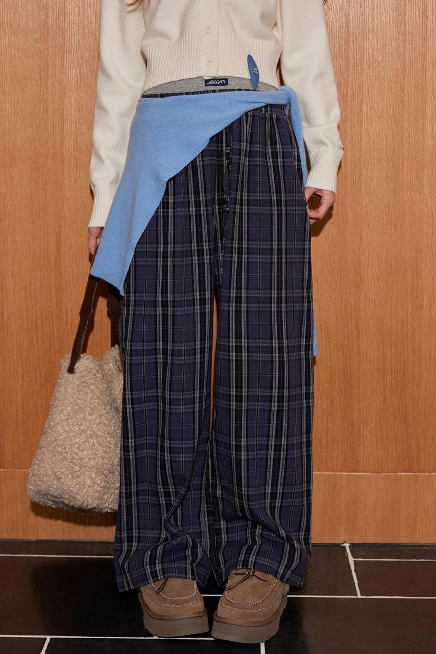Plaid Double-Waistband Pants