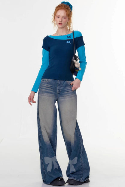 Retro Bow Design High-Waisted Denim Pants