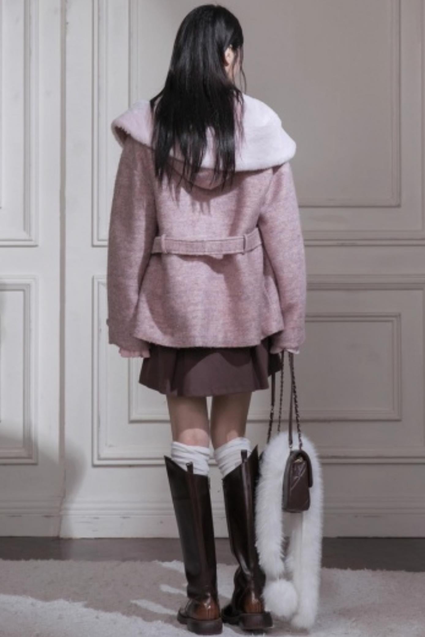 Cream Pink Hooded Wool Coat Set